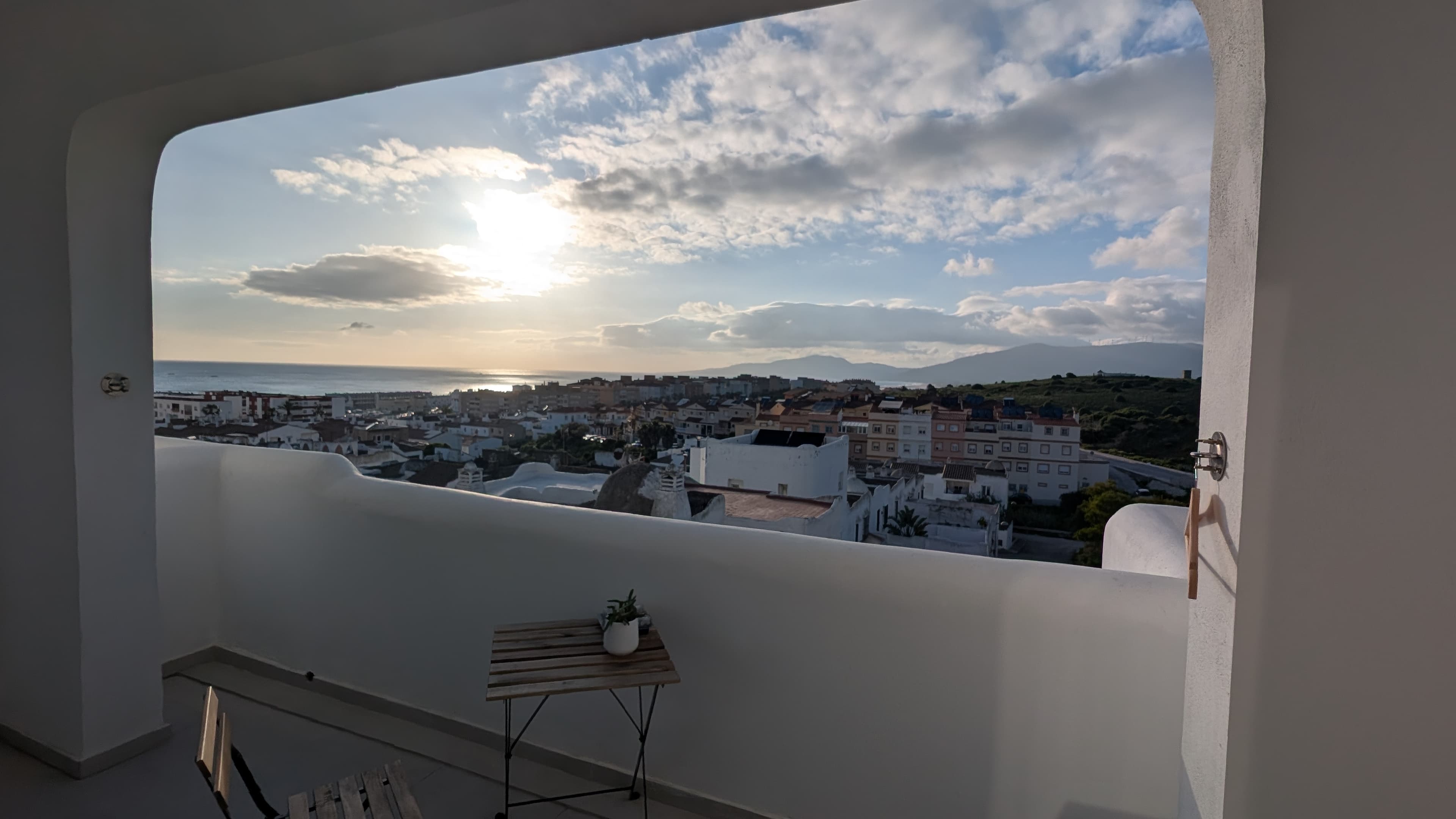 The terrace at Terraza Atlántica, with hammock and view across the Strait to Africa