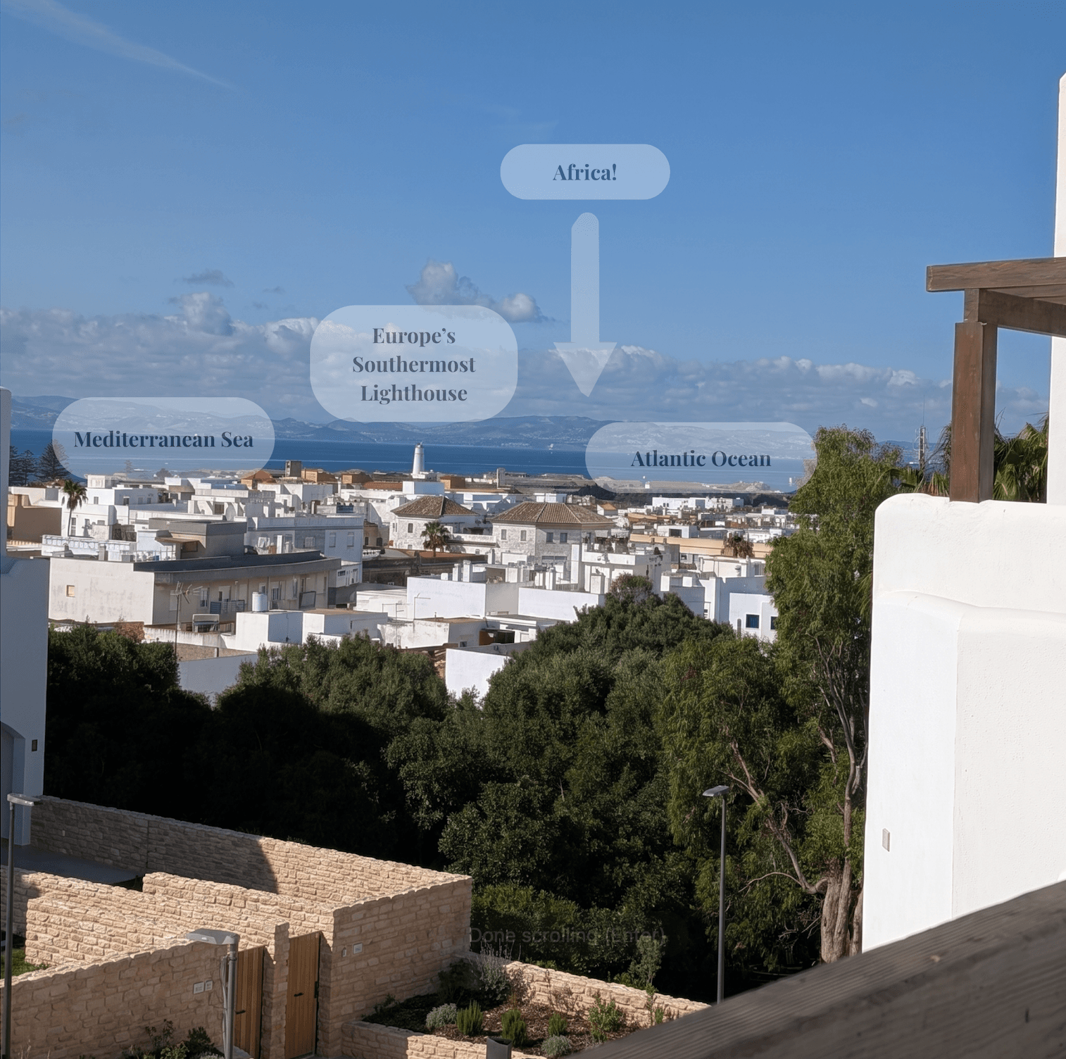 Annotated view from the rear terrace showing the Mediterranean Sea, Atlantic Ocean, Africa, and Europe's southernmost lighthouse